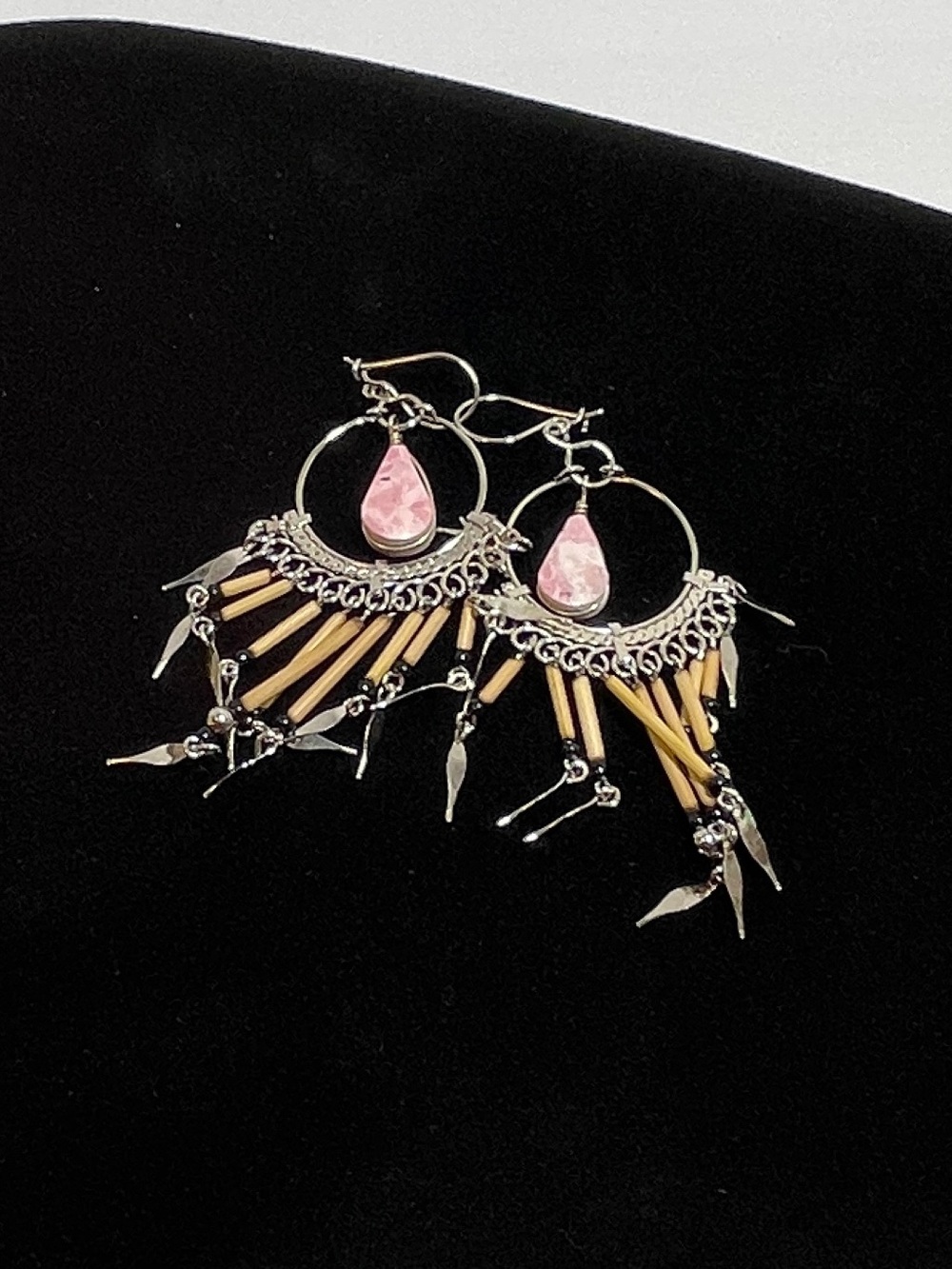 Vintage Native American Style Bamboo Bead W/ Pink Teardrop Shape Stone Earrings